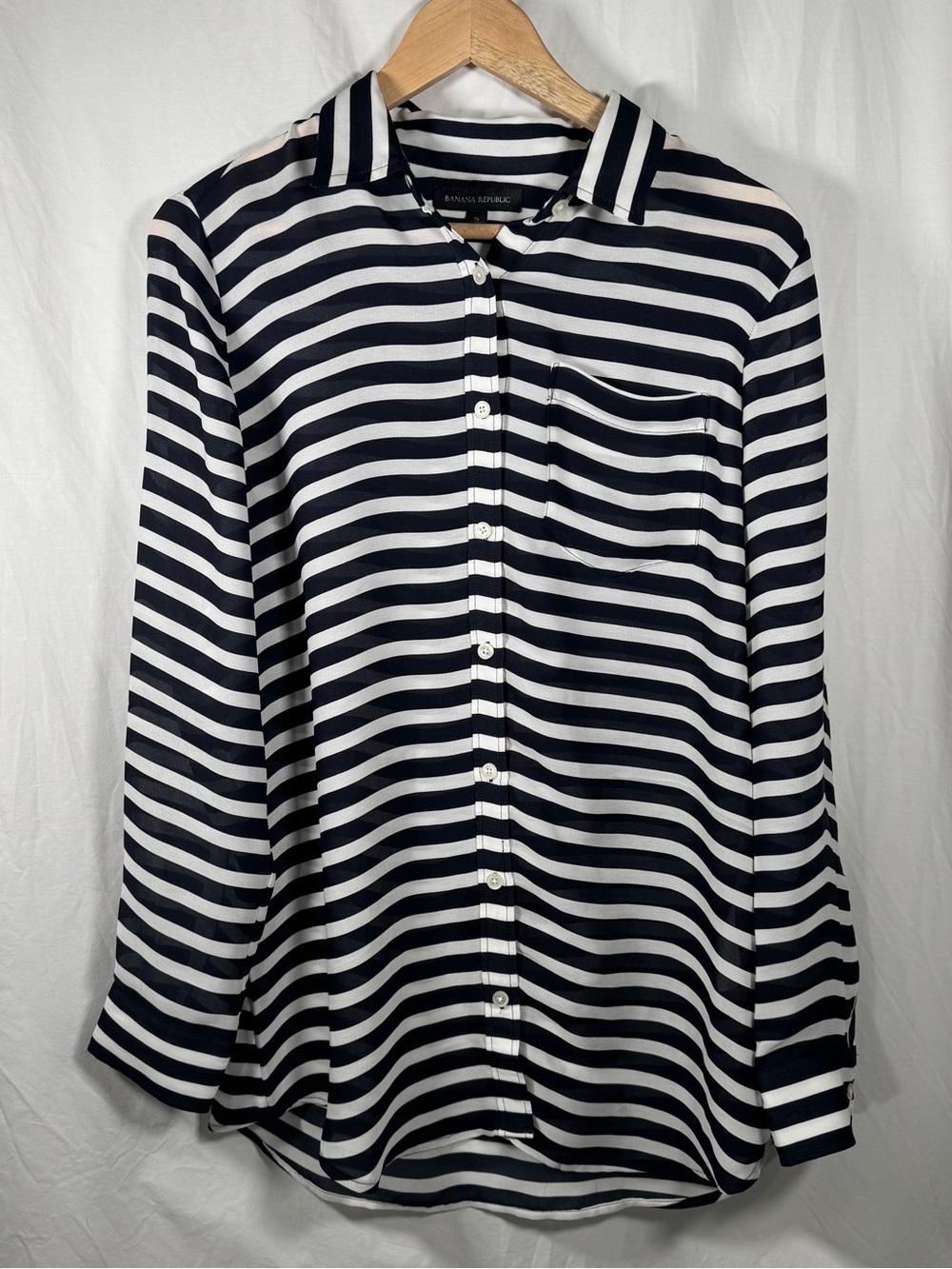 Banana Republic Womens's Navy and White Semi-Sheer Striped Button-Up Shirt